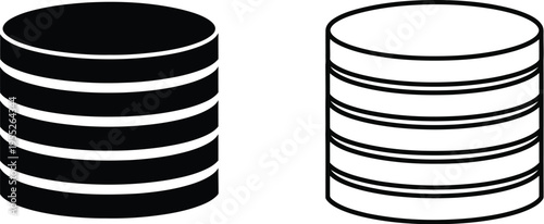 Black and white cylinder shapes stacked disks isolated on transparent background, Vector
