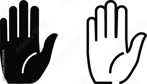 Black and white hands with palm facing outwards isolated on transparent background, Vector