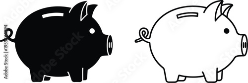Black and white piggy banks facing each other isolated on transparent background, Vector