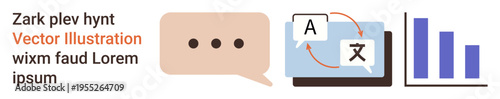 Translation services, data analytics, global communication, language learning, multilingual support, business statistics. Speech bubble, translation icon bar chart showing data trends. Translation