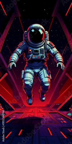 Retro Sci-Fi Astronaut Floating in Futuristic Spaceship with Neon Red Lighting