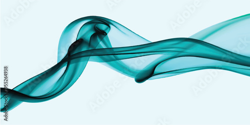 An abstract wave of smooth blue smoke flows in a soft swirling pattern, creating an artistic light design with curved lines on a white background