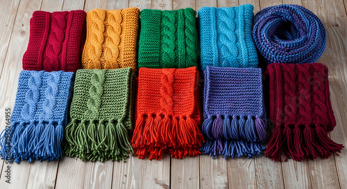 Colorful knitted scarves and wraps displayed on a woodgrain surface on transparent background