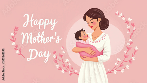 Mother's Day illustration of mother holding baby vector