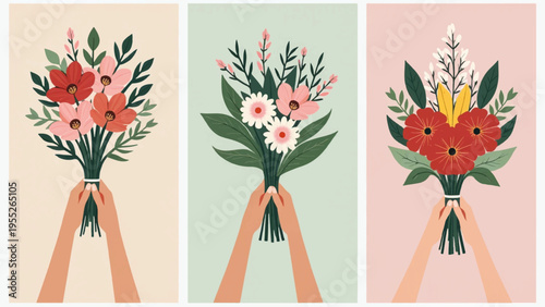 Set of 3 colorful bouquet illustrations vector