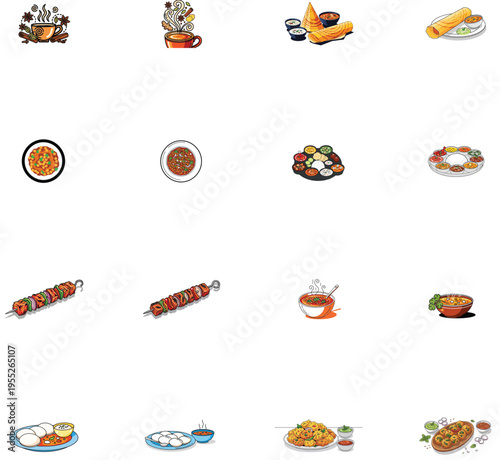 Delicious and colorful Indian food dishes arranged on a white background.