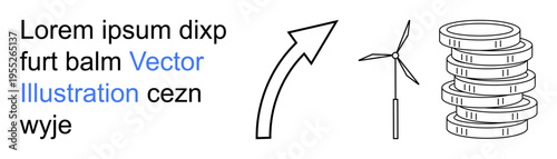Renewable energy, economic growth, sustainability, investment, clean technology, innovation. Wind turbine, arrow pointing up coin stack positive progress. Renewable energy and economic growth