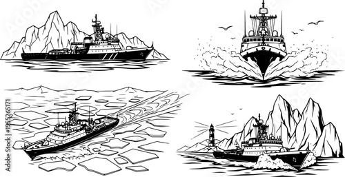 Arctic Patrol Navy Vessel Navigating Through Ice Floes, Northern Maritime Security and Polar Defense