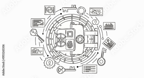 Digital Security and Data Protection Concept with Vault, Fingerprint, Keys, and Information Graphics