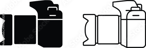 Camera lens and film canister icons isolated on transparent background, Vector