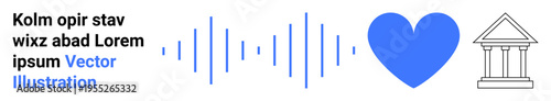 Communication, emotion, culture, design, technology, and text visuals. Symbols include audio waves, a blue heart and a classical building with placeholder text. Communication and emotion concepts