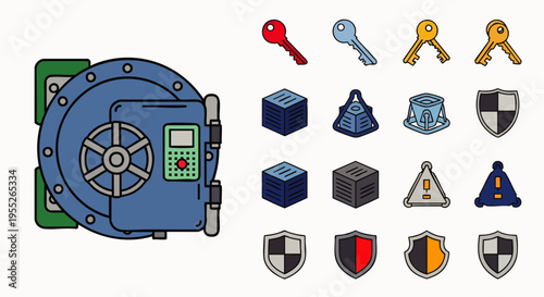 Cybersecurity and data protection vector illustration set. Includes a secure vault, various keys, shield icons, and warning signs for digital safety.