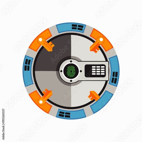 Secure digital safe vault door illustration featuring fingerprint scanner, combination lock, and keyhole for ultimate protection of valuables and data