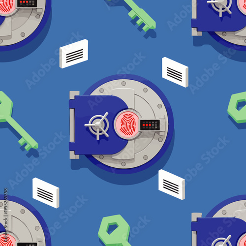 Seamless pattern of open safes with brain inside, keys and files on blue background, isometric illustration