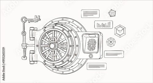 Concept illustration of a robust bank vault door, representing data security, information protection, and digital asset management with abstract elements.