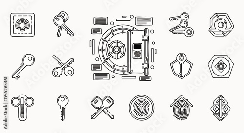Collection of security and access control line art icons, featuring various keys, locks, a safe door, and other protection symbols in a modern outline style.