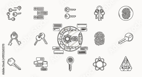 Digital and physical security icon set featuring keys, locks, fingerprints, data protection, and access control concepts in a modern line art style.