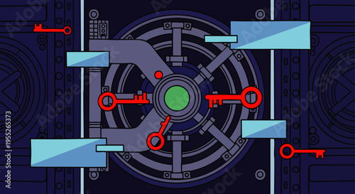 Conceptual illustration of a secure digital vault door with multiple red keys, symbolizing data access, cybersecurity challenges, and unlocking solutions.