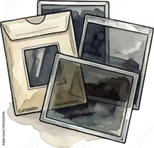 Vintage Photographic Film Negatives and Prints in Paper Envelopes Watercolor Illustration Isolated on White Background