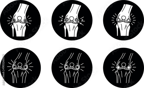 Knee joint pain and arthritis medical icons set with bone inflammation orthopedic vector illustration