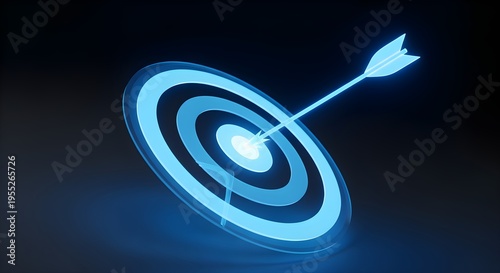 A glowing blue target with an arrow hitting the center bullseye in a dark background