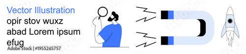 Exploration, magnetism, innovation, science, research, technology. Man using magnifying glass, magnet attracting objects rocket. Exploration and magnetism reflected through science and research