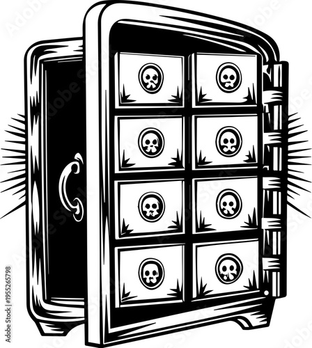 SVG skull with ancient codex and engineers tattoo design vector. Mysterious Open Safe with Skull Symbols and Dark Shadows