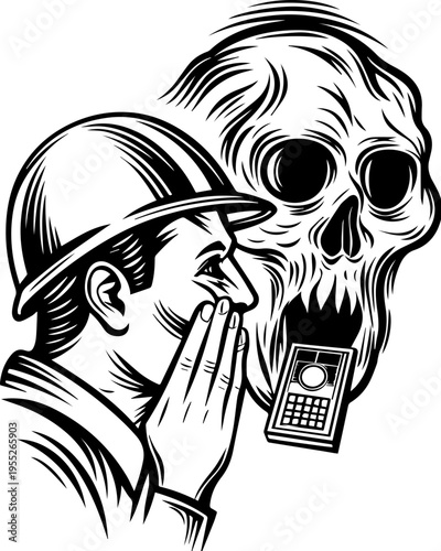 SVG skull with ancient codex and engineers tattoo design vector. Worker in Hard Hat Whispering to Skull with Mobile Device in Hand