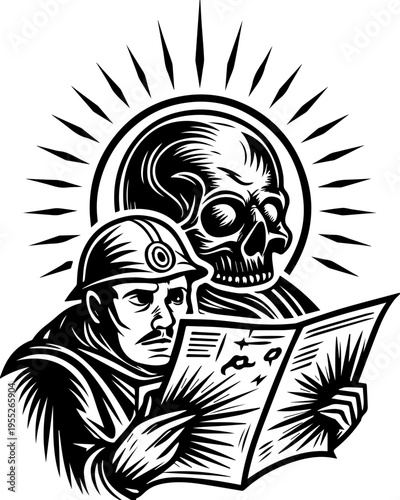 SVG skull with ancient codex and engineers tattoo design vector. Soldier and Skull Illustration with Intriguing Gothic Elements