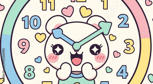 Cartoon bear on colorful clock face with hearts and numbers excited expression
