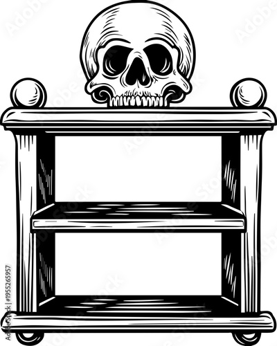 SVG skull with ancient codex and engineers tattoo design vector. Ornate Shelf with Skull Top Decoration for Gothic Home D�cor