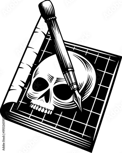 SVG skull with ancient codex and engineers tattoo design vector. Illustration of a Skull on Graph Paper with a Fountain Pen