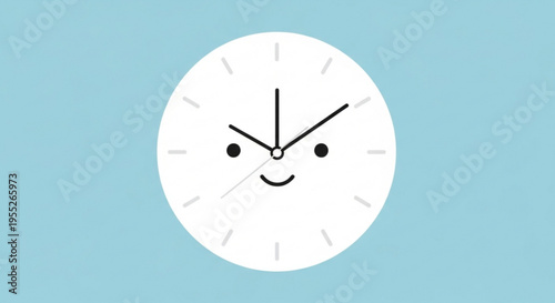 Smiling clock face with black hands on light blue background symbolizing happiness and time