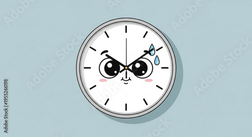 Cartoon clock with sad face and sweat drop on light blue background expressing stress and time pressure