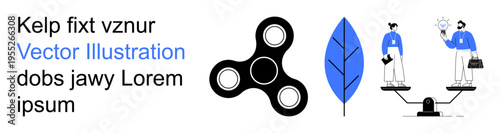 Creativity, productivity, teamwork, balance, innovation, modern design. Black fidget spinner, blue leaf and two individuals collaborating on scales. Creativity and productivity