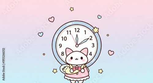 Cute cartoon cat holds clock with stars and hearts on pastel background symbolizing time and love