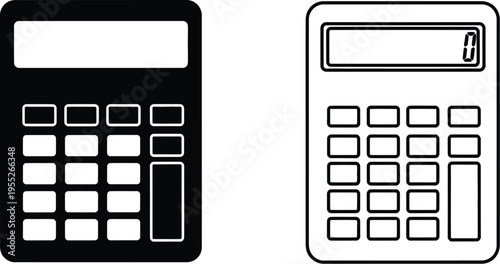 Calculators black white line art icons isolated on transparent background, Vector