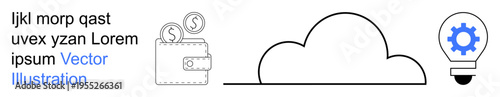 Financial technology, cloud computing, data storage, innovation, creative solutions, digital ideas. Wallet with coins, cloud and gear in a bulb. Financial technology and cloud computing concept