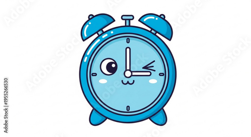 Cartoon blue alarm clock with sleepy face and white background