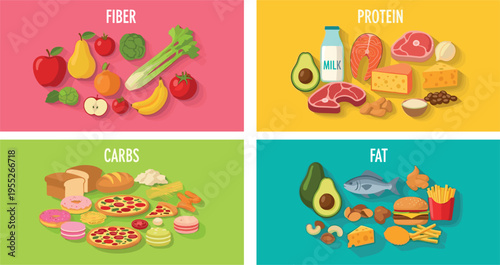 Macronutrients Food Groups Set with Fiber Protein Carbs and Fat Healthy Nutrition Vector Illustration