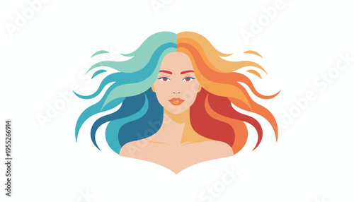 Woman with split hair color, blue and orange, representing duality, contrast, and balance.