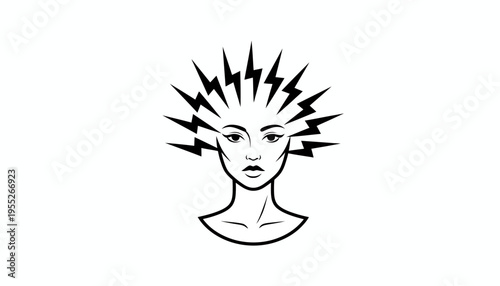 Woman's face with lightning bolts radiating from her head, symbolizing ideas, energy, and inspiration.
