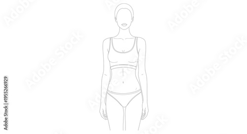 Woman's body outline, front view, wearing sports bra and underwear, minimalist line art