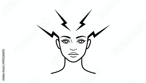 Woman's Head with Lightning Bolts Symbolizing Stress, Headache, or Brainstorming