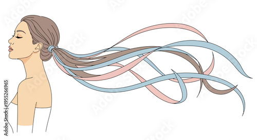 Woman's Profile with Flowing Hair and Ribbons in Wind