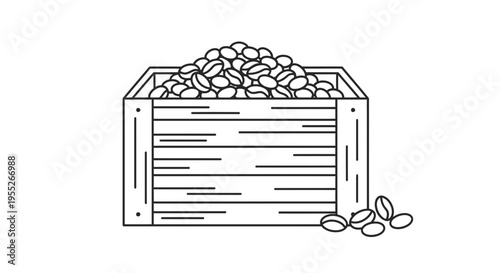 Wooden Crate Overflowing with Roasted Coffee Beans, Minimalist Line Art