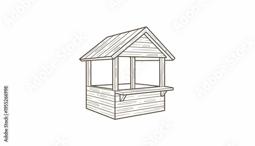 Wooden market stall or kiosk with roof and counter, simple sketch