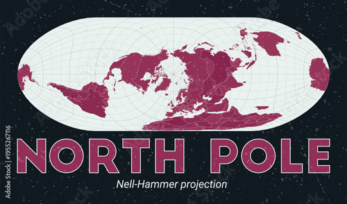 North Pole. World map. Nell-Hammer projection centered to North Pole. Pale Mint Dark Pink palette. Vintage texture. Trending vector illustration.