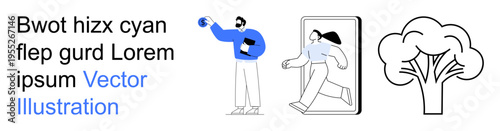 Digital transformation, creativity, innovation, nature, communication, abstract design. A figure exits a screen, another with a device. Digital transformation and creativity concept