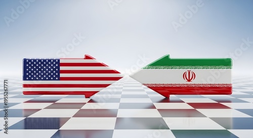 Arrows with US and Iranian flags pointing at each other on a checkered surface, symbolizing international relations and potential conflict.